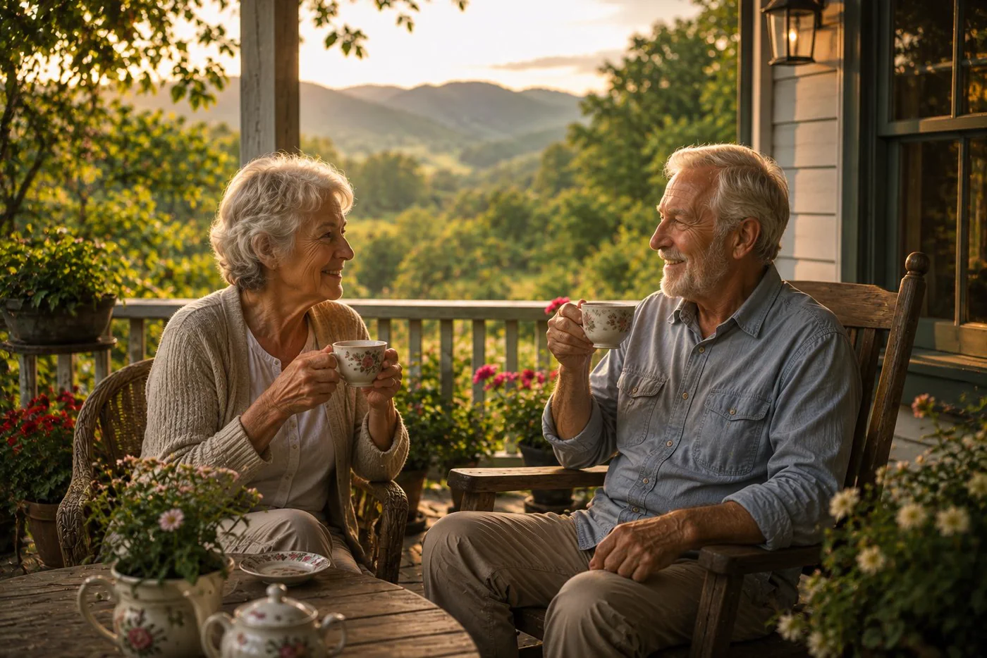 Walt and his wife Ruth having tea on their porch overlooking the Blue Ridge