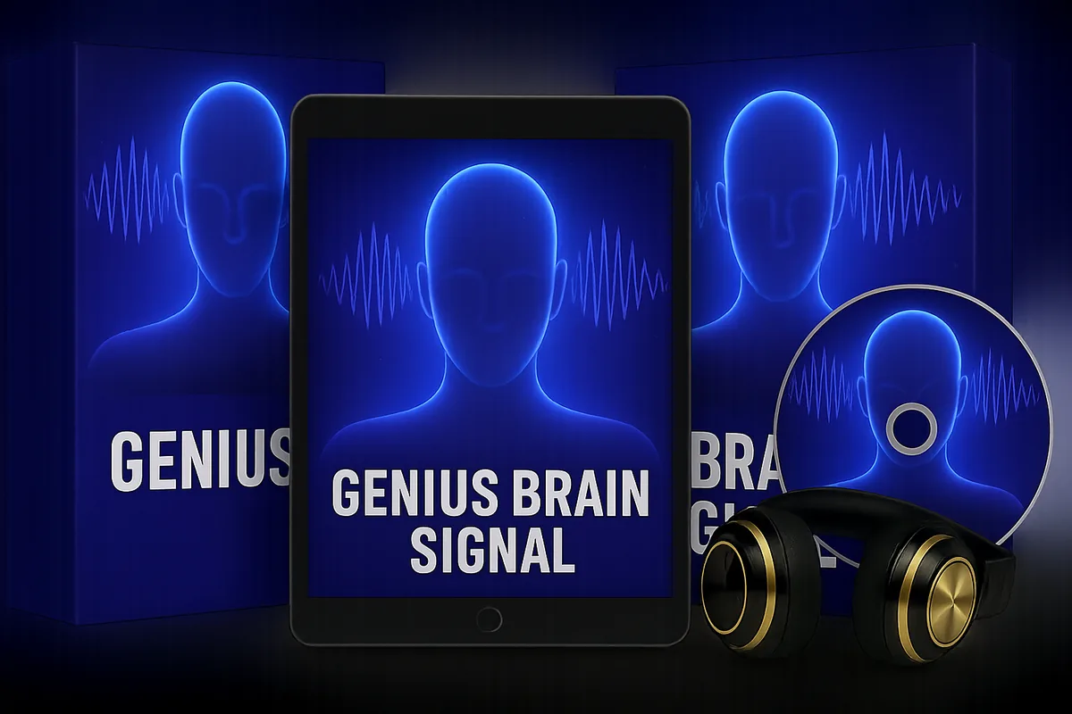 The Genius Brain Signal audio program with its three bonus resources, shown on a tablet with headphones